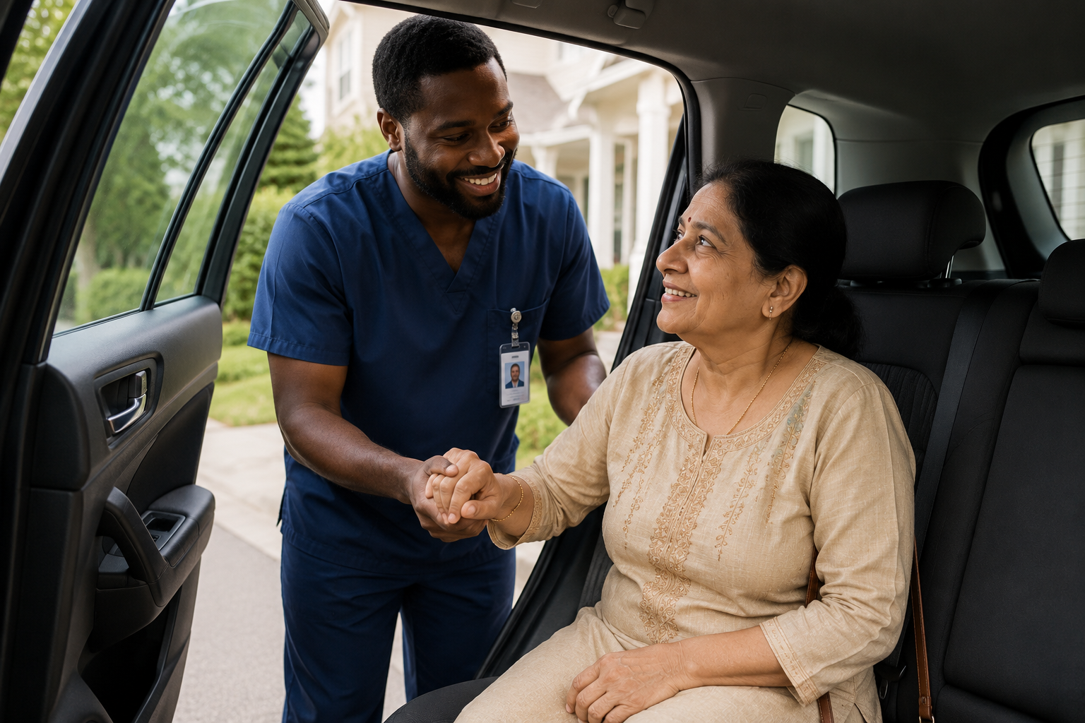 Caregiver assisting an older adult with transportation
